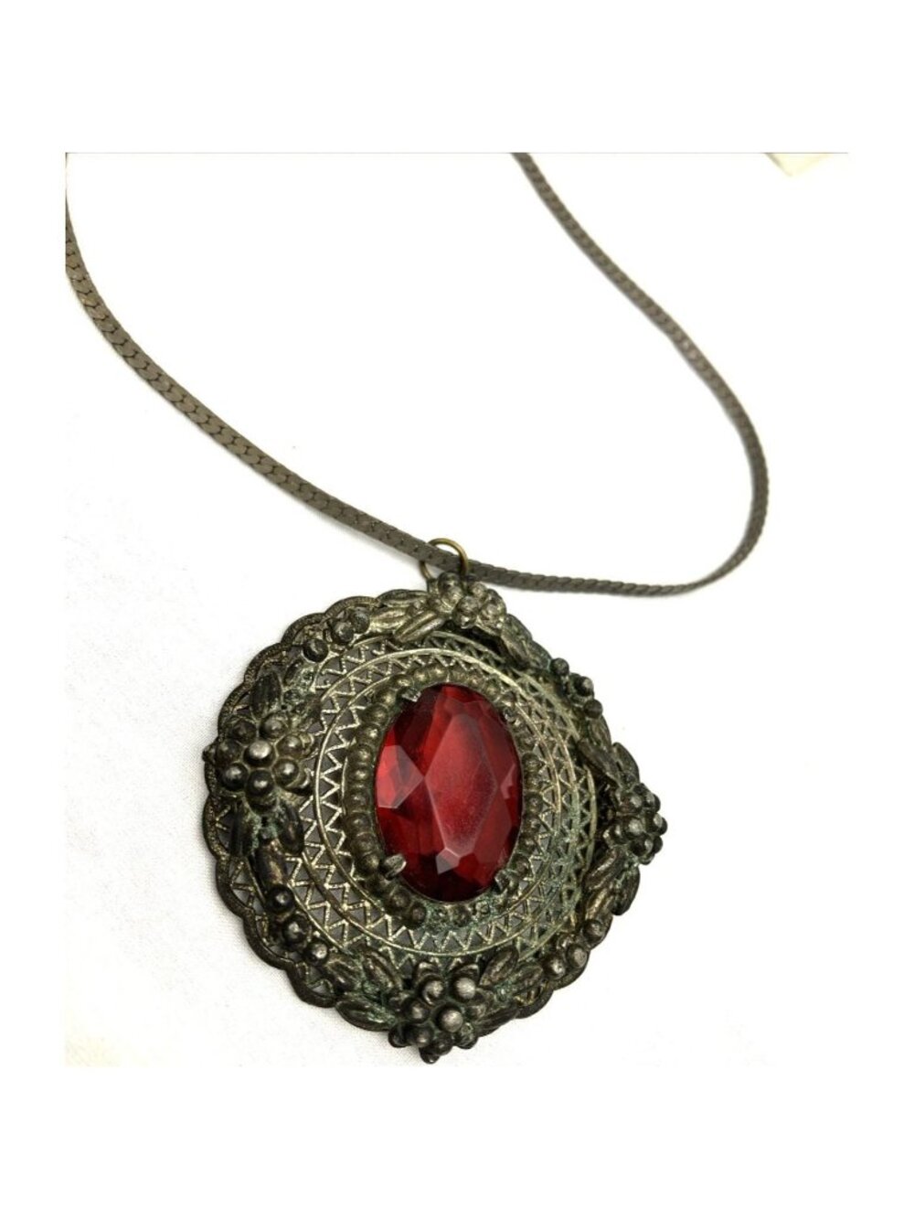 Ant Art Nouveau 1890 1900  Red Glass Statement Czech Pendant Necklace Filigree